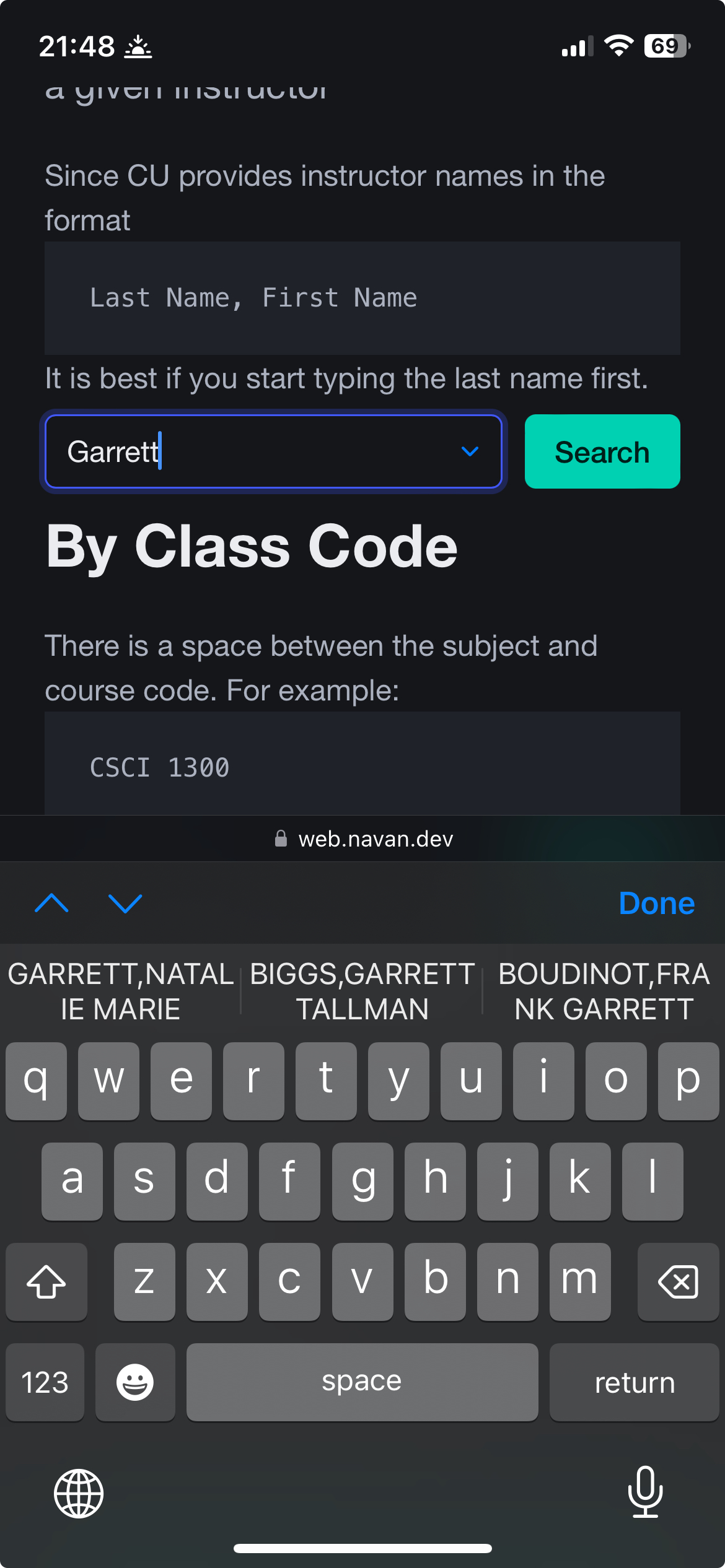 Screenshot of datalist using Safari on iOS