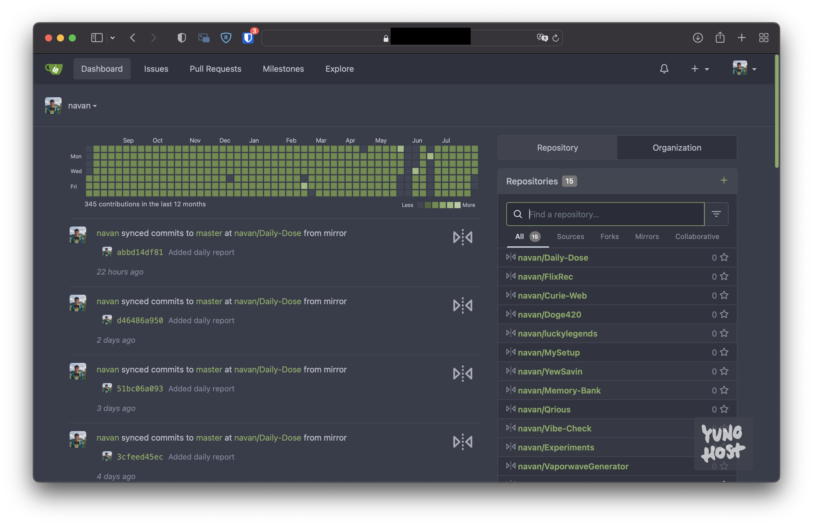 Screenshot of Gitea dashboard with logs about repository mirroring